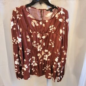 Zac Rachel Women Top 2X Rustic Tawny Brown Floral Satin Peasant Boho 13453 X